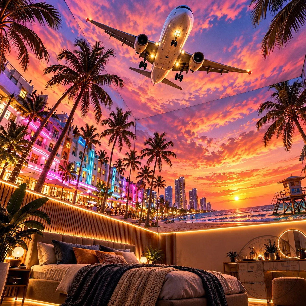 Visuel d’ambiance illustratif : chambre, palmiers et avion au coucher du soleil