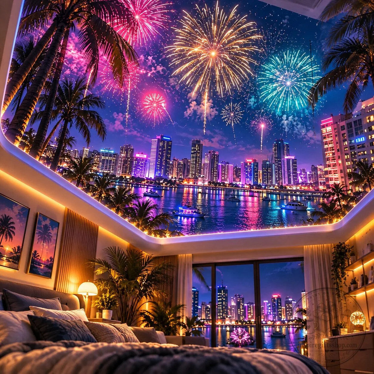 Visuel d’ambiance illustratif : chambre aux couleurs roses et violettes, palmiers et feux d’artifice