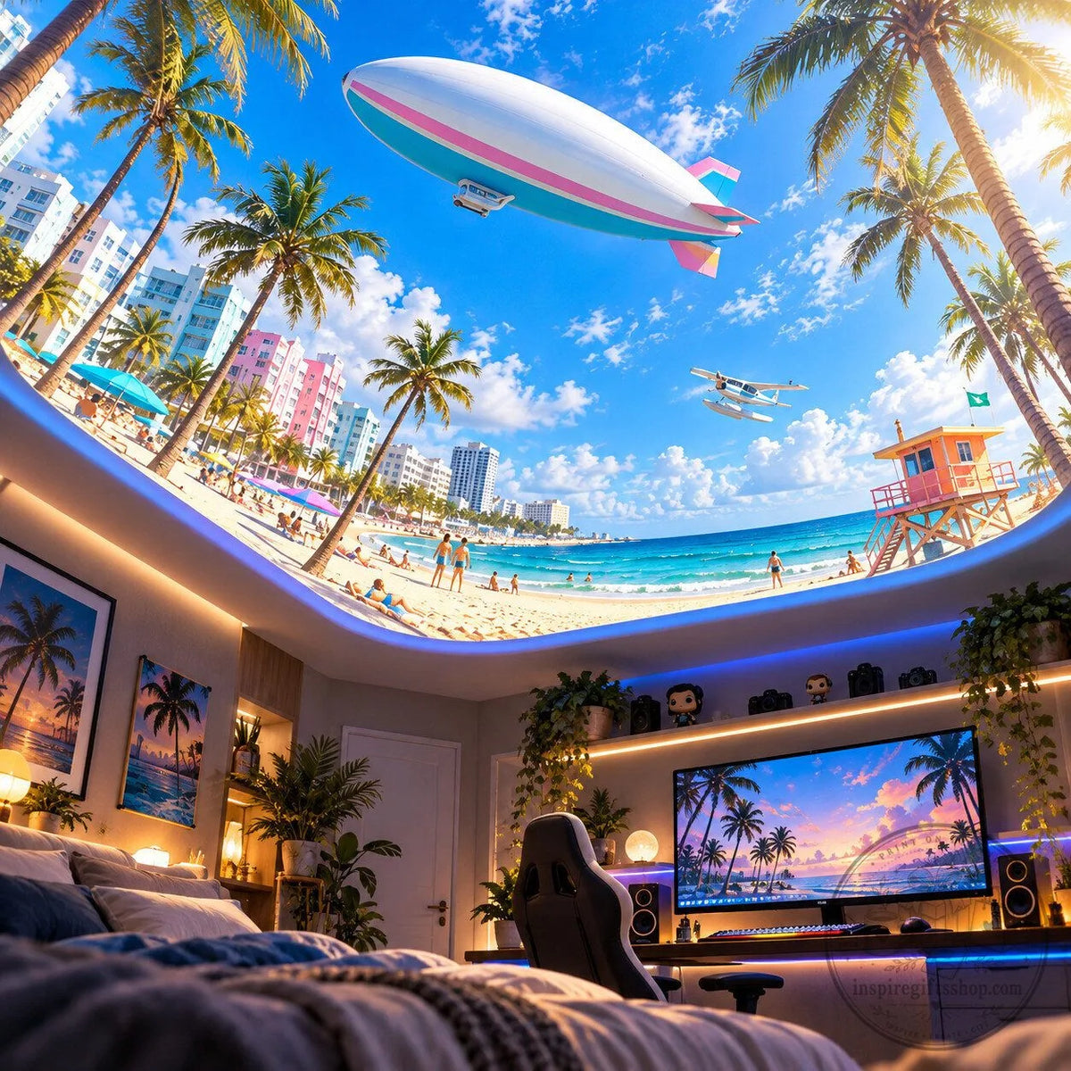 Visuel d’ambiance illustratif : espace gaming et paysage de plage avec dirigeable
